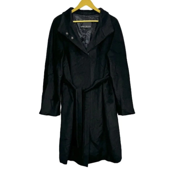 Marina Rinaldi Wool Pea Coat 23 US 14 Long Duster Black High Collar Belted Maxi - Picture 1 of 11